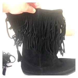 EUC HALF CALF DOUBLE LAYER FRINGE BOOTS